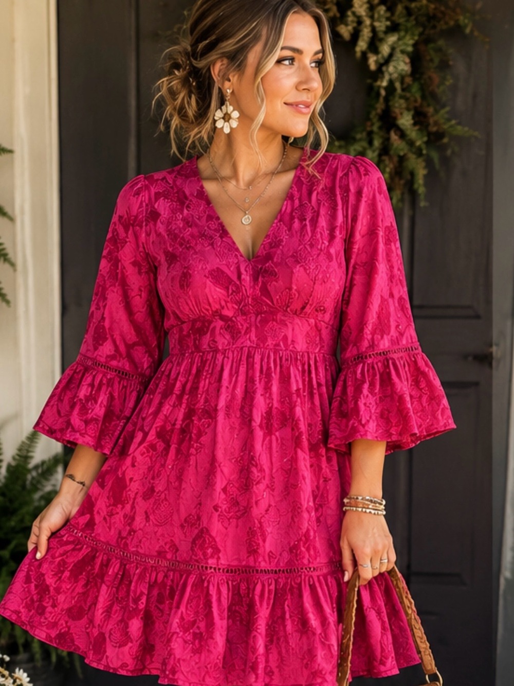 Maeve Anthropologie Pink Jacquard Boho Mini Dress Bell Sleeve